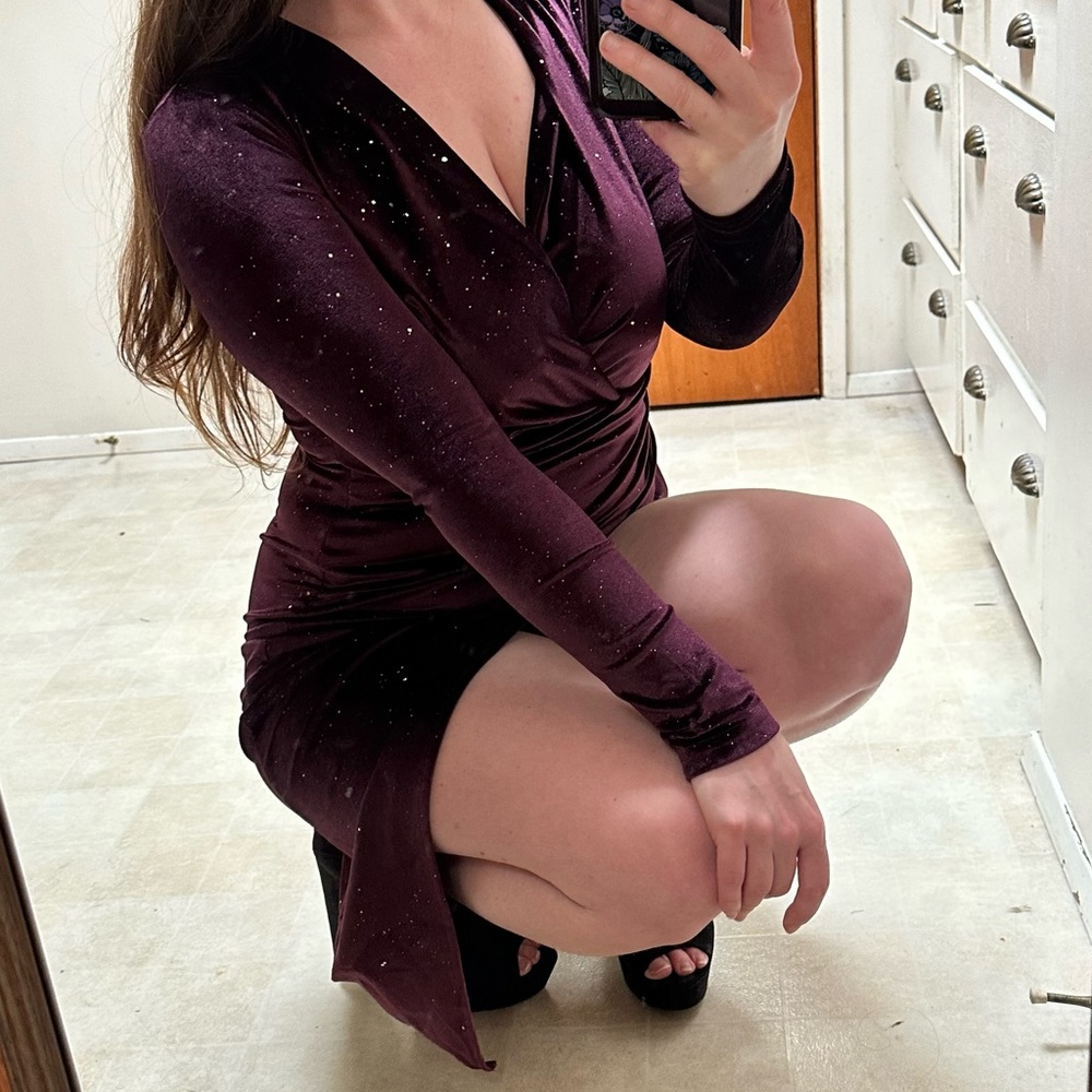 Double Crazy • Glitter Velvet High Slit Asymmetrical Dress - Picture 8 of 15